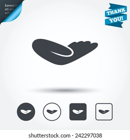 Donation hand sign icon. Charity or endowment symbol. Human helping hand palm. Circle and square buttons. Flat design set. Thank you ribbon. Vector