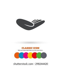 Donation hand sign icon. Charity or endowment symbol. Human helping hand palm. Classic flat icon. Colored circles. Vector
