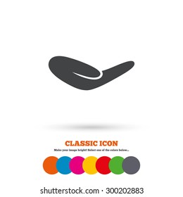 Donation hand sign icon. Charity or endowment symbol. Human helping hand palm. Classic flat icon. Colored circles. Vector