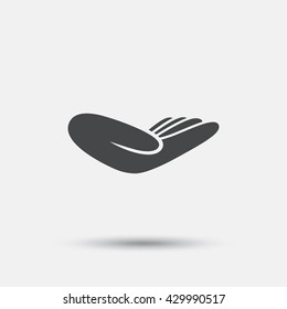 Donation hand sign icon. Charity or endowment symbol. Human helping hand palm. Flat donation hand web icon on white background. Vector
