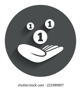 Donation hand sign icon. Hand holds coins. Charity or endowment symbol. Human helping hand palm. Circle flat button with shadow. Modern UI website navigation. Vector