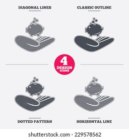 Donation hand sign icon. Hand holds Piggy bank. Charity or endowment symbol. Human helping hand palm. Diagonal and horizontal lines, classic outline, dotted texture. Pattern design icons.  Vector