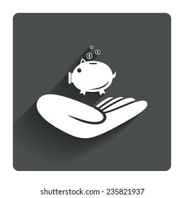 Donation hand sign icon. Hand holds Piggy bank. Charity or endowment symbol. Human helping hand palm. Gray flat square button with shadow. Modern UI website navigation. Vector