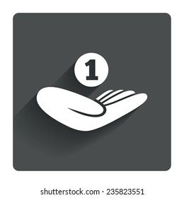 Donation hand sign icon. Hand holds coin. Charity or endowment symbol. Human helping hand palm. Gray flat square button with shadow. Modern UI website navigation. Vector