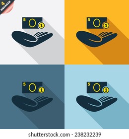 Donation hand sign icon. Hand holds cash. Charity or endowment symbol. Human helping hand palm. Four squares. Colored Flat design buttons. Vector
