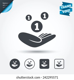 Donation hand sign icon. Hand holds coins. Charity or endowment symbol. Human helping hand palm. Circle and square buttons. Flat design set. Thank you ribbon. Vector