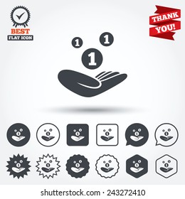Donation hand sign icon. Hand holds coins. Charity or endowment symbol. Human helping hand palm. Circle, star, speech bubble and square buttons. Award medal with check mark. Thank you ribbon. Vector