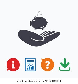 Donation hand sign icon. Hand holds Piggy bank. Charity or endowment symbol. Human helping hand palm. Information think bubble, question mark, download and report.