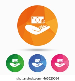 Donation hand sign icon. Hand holds cash. Charity or endowment symbol. Human helping hand palm. Triangular low poly button with flat icon. Vector