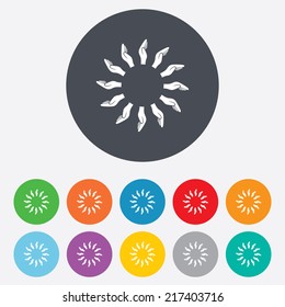 Donation hands circle sign icon. Charity or endowment symbol. Human helping hand palm. Round colourful 11 buttons. Vector