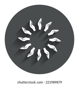 Donation hands circle sign icon. Charity or endowment symbol. Human helping hand palm. Circle flat button with shadow. Modern UI website navigation. Vector