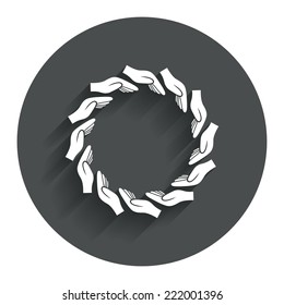 Donation hands circle sign icon. Charity or endowment symbol. Human helping hand palm. Circle flat button with shadow. Modern UI website navigation. Vector
