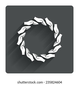 Donation hands circle sign icon. Charity or endowment symbol. Human helping hand palm. Gray flat square button with shadow. Modern UI website navigation. Vector