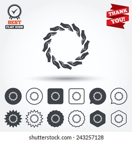 Donation hands circle sign icon. Charity or endowment symbol. Human helping hand palm. Circle, star, speech bubble and square buttons. Award medal with check mark. Thank you ribbon. Vector