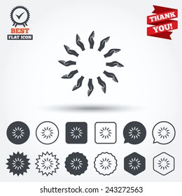 Donation hands circle sign icon. Charity or endowment symbol. Human helping hand palm. Circle, star, speech bubble and square buttons. Award medal with check mark. Thank you ribbon. Vector