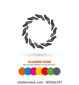 Donation hands circle sign icon. Charity or endowment symbol. Human helping hand palm. Classic flat icon. Colored circles. Vector