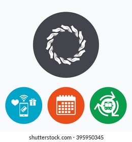 Donation hands circle sign icon. Charity or endowment symbol. Human helping hand palm. Mobile payments, calendar and wifi icons. Bus shuttle.