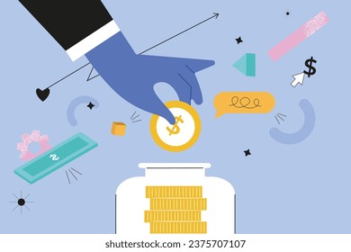 Donation hands concept in the flat cartoon design. The picture shows a hand making a large donation in the form of money. Vector illustration.