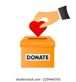 Donation with hands putting hearts into donation box. Box for donation and charity. Collecting blood for those in need. Vector illustration.