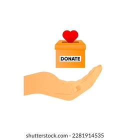 Donation with hands putting hearts into donation box. Box for donation and charity. Collecting blood for those in need. Vector illustration.