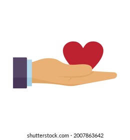 El corazón de la donación es un icono en la mano. Ilustración plana del corazón donante en icono vector de mano aislado en fondo blanco