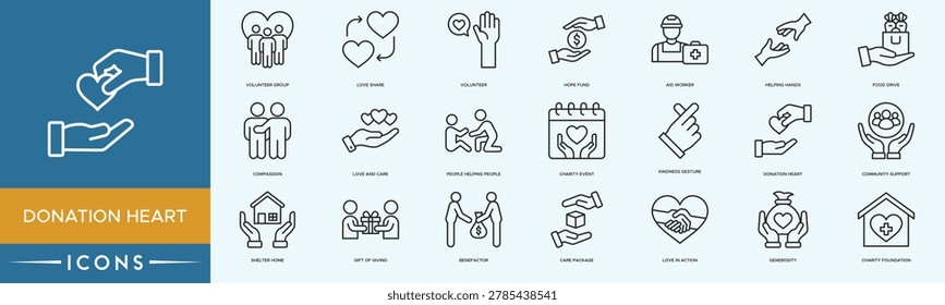 Donation Heart icon set. Care Package, Gift of Giving, Benefactor, Charity Foundation and Love in Action