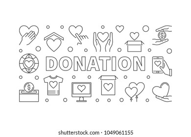 Donation horizontal illustration. Donating money vector linear concept banner on white background