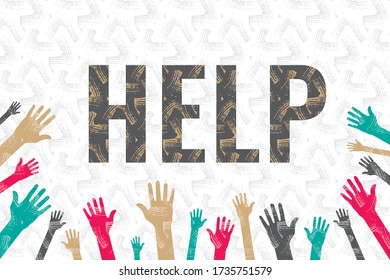 Donation Horizontal Leaflet Booklet or Banner Template with Plenty Hands of Various People Symbolizing Human Community Help - Multicolor on Decorative Plaster Background - Vector Flat Graphic Design