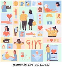 Donation and humanitarian aid from volunteers set vector illustration. Cartoon people donate and give love, help and care in square collage background. International day of charity, kindness concept