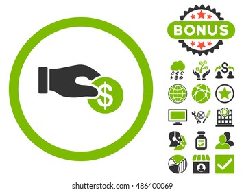 Donation icon with bonus images. Vector illustration style is flat iconic bicolor symbols, eco green and gray colors, white background.