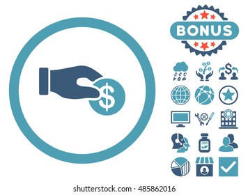 Donation icon with bonus pictogram. Vector illustration style is flat iconic bicolor symbols, cyan and blue colors, white background.