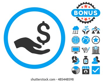 Donation icon with bonus pictures. Vector illustration style is flat iconic bicolor symbols, blue and gray colors, white background.