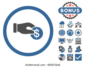 Donation icon with bonus pictures. Vector illustration style is flat iconic bicolor symbols, cobalt and gray colors, white background.