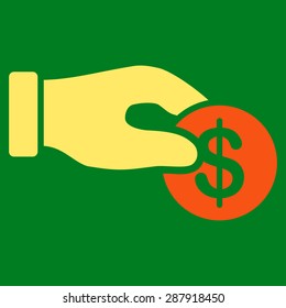 Donation icon from Business Bicolor Set. This flat vector symbol uses orange and yellow colors, rounded angles, and isolated on a green background.