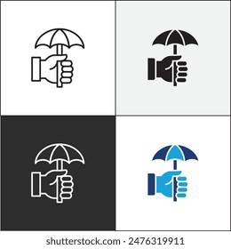 Donation icon. Charity icons. Hand holding umbrella symbol. Protection symbol. Vector stock icons collection in thin line and flat colors style design.