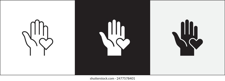 Donation icon. Charity icons. Hand and love heart symbol. Philanthropy icon. Vector stock icons collection in thin line and flat colors style design.