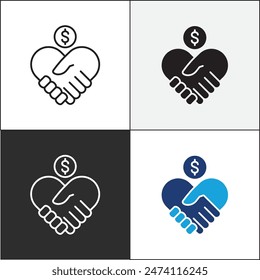 Donation icon. Charity icons. Money donate icon. Funding and philanthropy symbol. Give money sign. Vector stock icons collection in thin line and flat colors style design.
