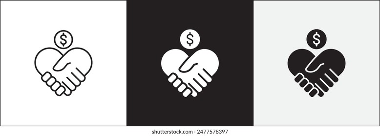 Donation icon. Charity icons. Money donate icon. Funding and philanthropy symbol. Give money sign. Vector stock icons collection in thin line and flat colors style design.