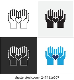 Donation icon. Charity icons. Two hand and love heart symbol. Vector stock icons collection in thin line and flat colors style design.