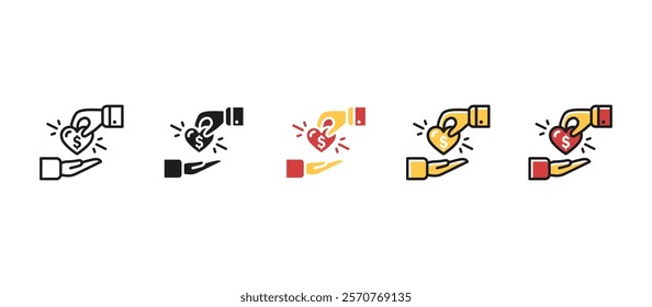Donation icon in flat style featuring a hand with coins. Ideal for charity, fundraising, financial aid, philanthropy, community support, giving back, and nonprofit organization themes.