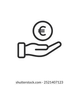 Donation icon. Human hand palm up. Begging hand. Logo template. Receiving. Asking for help. Financial aid. Coin icon. Euro sign. Currency exchange. Pay icon. Cash back. Investment. Financial savings