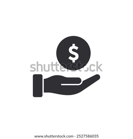 Donation icon. Human hand palm up. Begging hand. Logo template. Receiving. Asking for help. Financial aid. Coin icon. Dollar sign. Currency exchange. Pay icon. Cash back. Investment. Financial savings