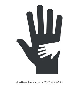 Donation icon with a larger hand supporting a smaller hand, representing assistance, charity, and community outreach efforts in a clean, minimalist style.