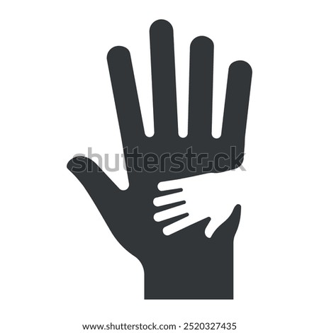 Donation icon with a larger hand supporting a smaller hand, representing assistance, charity, and community outreach efforts in a clean, minimalist style.