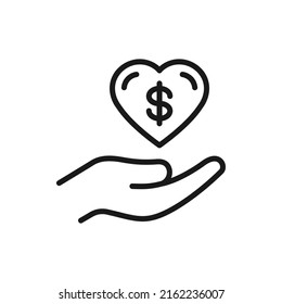 Donation icon on hand line style isolated. Vector illustration