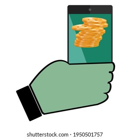 Donation icon, online payment for services, purchases, money transfers.  A hand holds a smartphone with gold coins on the screen 