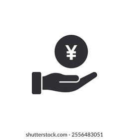 Donation icon. Payment. Begging hand. Logo template. Receiving. Yen sign. Cash icon. Financial aid. Coin icon. Yuan sign. Currency exchange. Pay icon. Cash back. Investment. Financial savings. Palm up