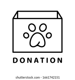 Donation icon. Rectangular box with paw print. Help animals, pets, wildlife concept. Linear logo or poster. Black white illustration. Contour isolated vector image