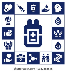 donation icon set. 17 filled donation icons.  Collection Of - Charity, Humanitarian, Give love, Blood, Care, Blood donation, Blood transfusion, Solidarity, Hope