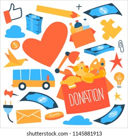 Donation icon set. Beautiful stickerpack with heart, money, toys and others. Help and support, love and hope. Abstract flat vector illustration